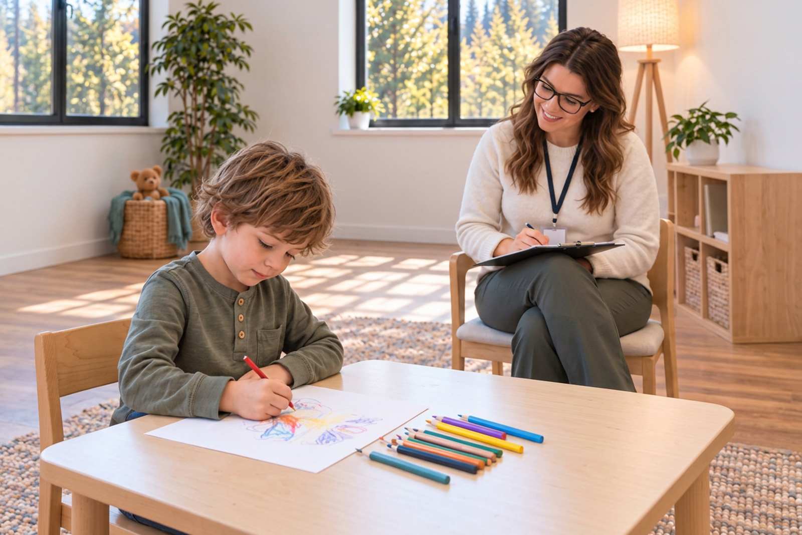 Illustration of a clinician with a clipboard observing a young boy as he draws with coloured pencils at a small table in a bright assessment room