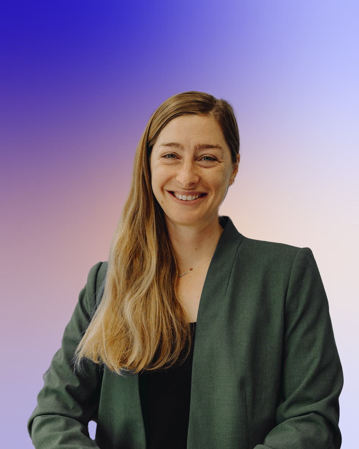 Portrait of Peyton Greenside, Co-Founder and Chief Executive Officer of BigHat Biosciences, smiling in a green blazer against a violet-to-peach gradient