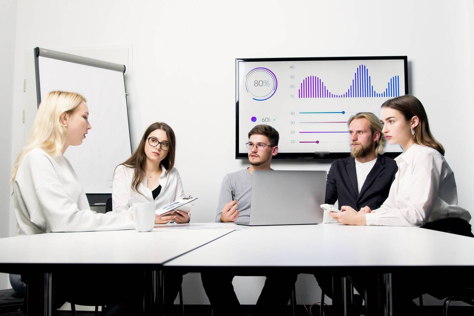 A team reviews performance charts on a wall-mounted display during a meeting around a conference table