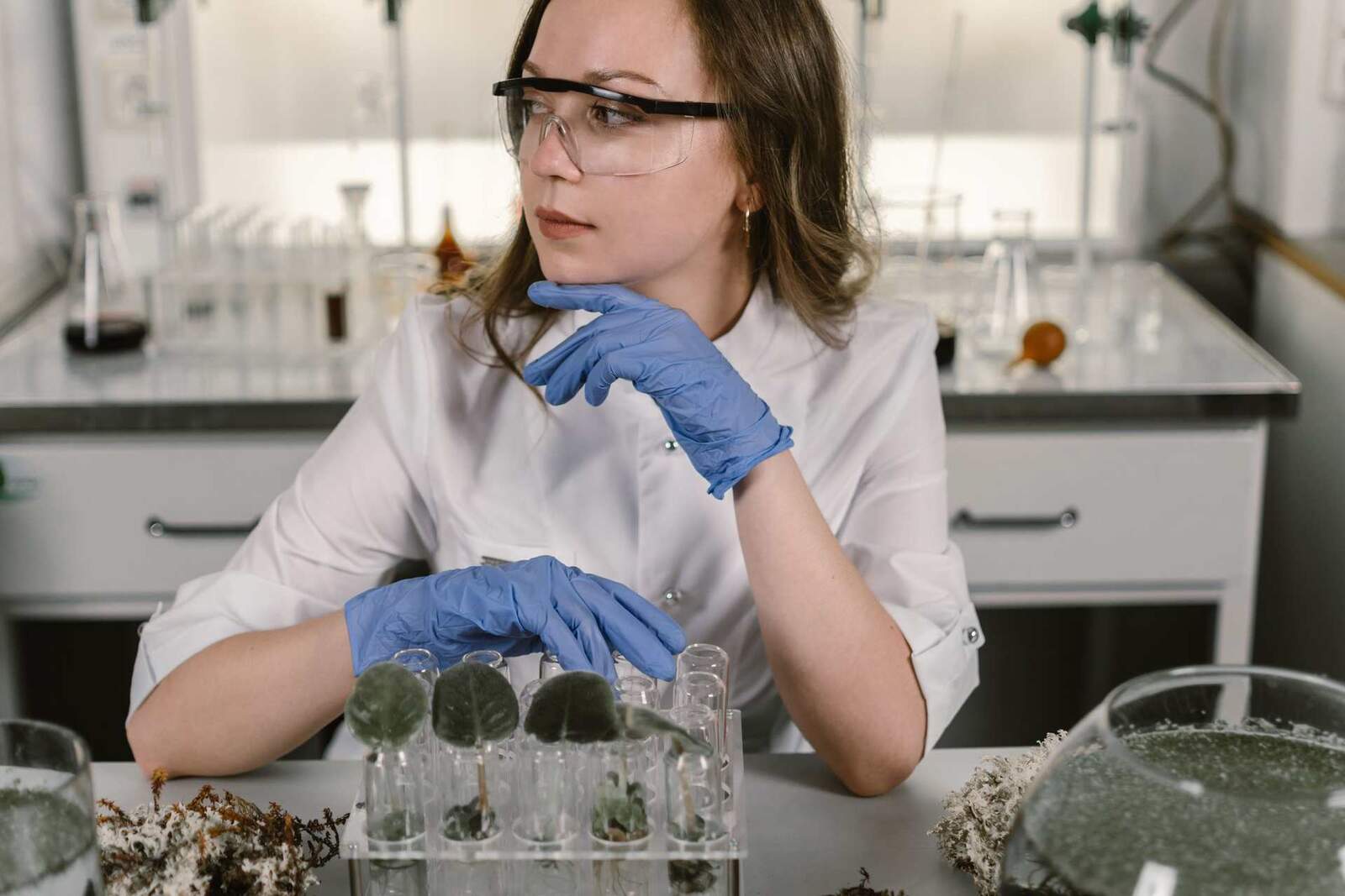 A lab scientist in safety glasses and blue nitrile gloves examines a rack of small test tubes on a lab bench