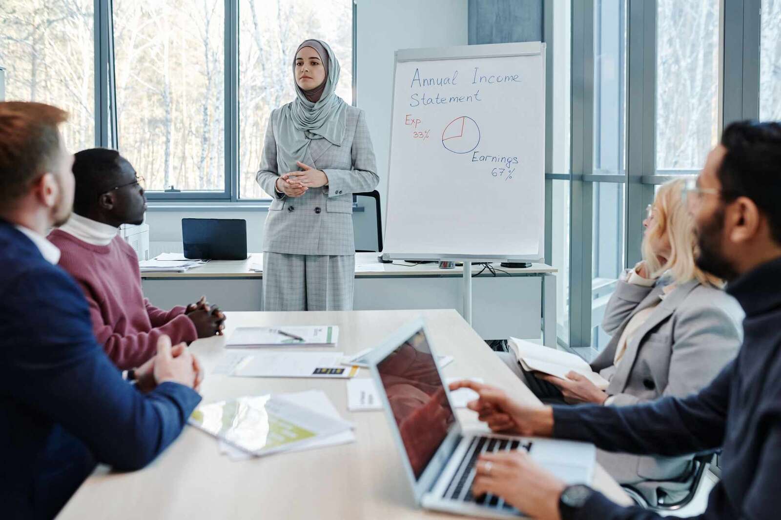 A presenter in business dress stands beside a flip chart headed Annual Income Statement while colleagues review documents at a boardroom table