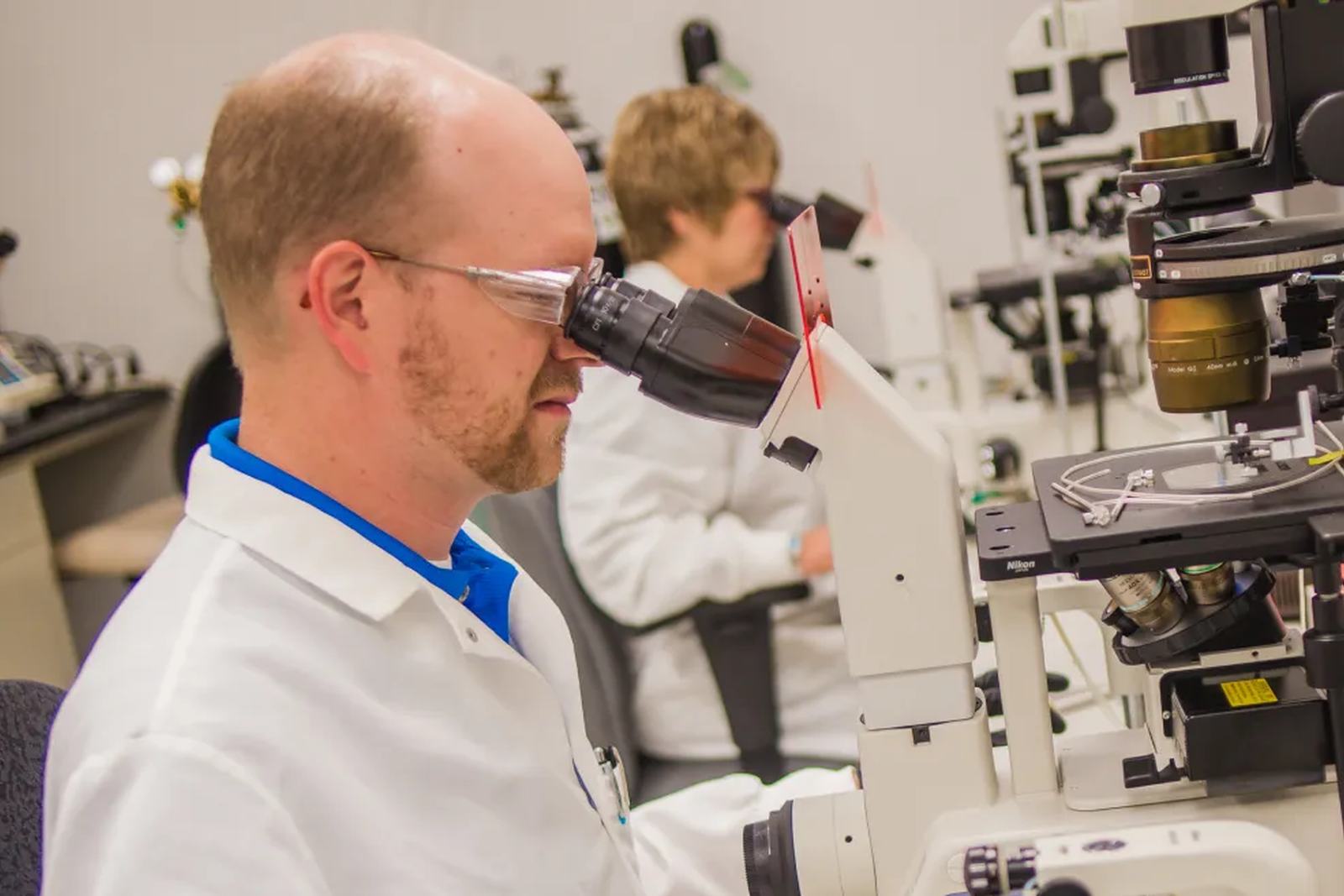 A scientist in a white lab coat and safety glasses looks into a microscope in a SAB Biotherapeutics laboratory, with a colleague at a bench in the background