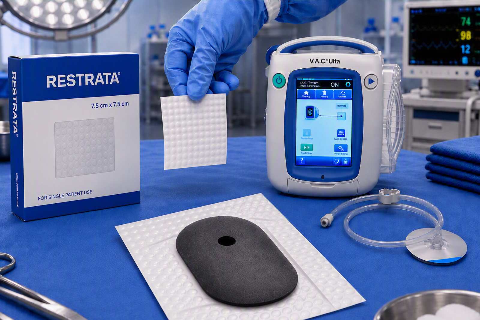 Solventum image of the combined system on a blue operating-room table: a Restrata matrix box, a gloved hand holding a white Restrata sheet, a V.A.C. Ulta therapy unit, its tubing and a black foam dressing on a Restrata sheet