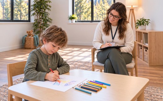 Illustration of a clinician with a clipboard observing a young boy drawing at a small table