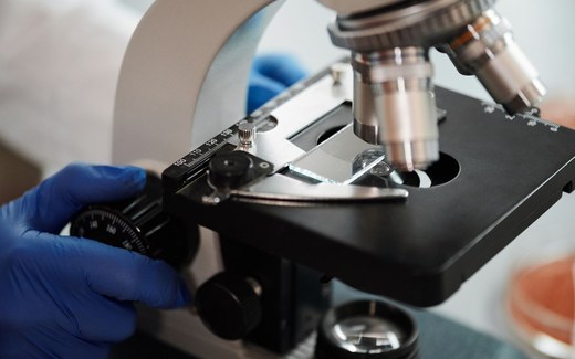 A gloved hand adjusts the focus stage of a laboratory microscope holding a slide