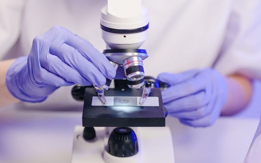 A gloved researcher adjusts the lens turret of a laboratory microscope during a bench inspection