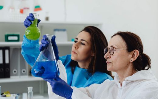 Two researchers in lab coats and nitrile gloves examine flasks of colored liquid during a laboratory review