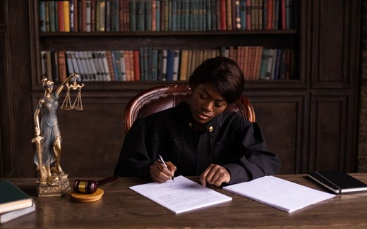 A judge in black robes signs a document at a wooden desk beside a statue of Lady Justice and a gavel