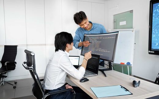 Two colleagues point at code and charts on a monitor in a bright office