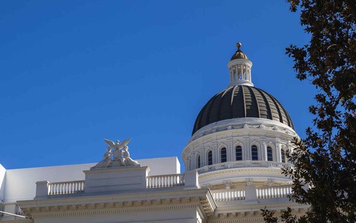 The dome of the California State Capitol building against a deep blue sky, with a tree visible at the frame's edge