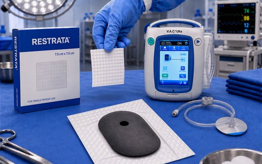 Solventum image of a Restrata matrix box and sheet beside a V.A.C. Ulta therapy unit and foam dressing on an operating-room table