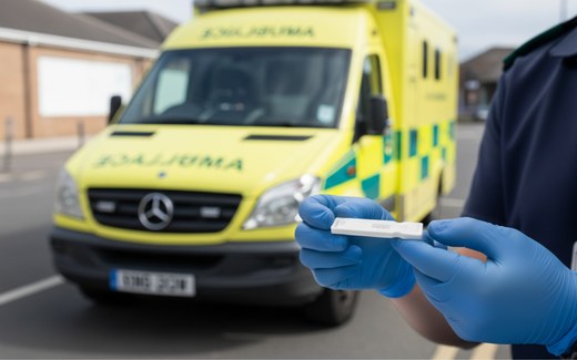 A paramedic in blue gloves holds an LVOne test cassette in front of a yellow NHS ambulance