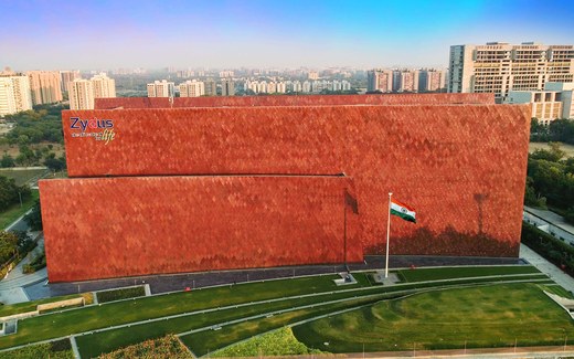 Aerial view of Zydus Corporate Park, the terracotta-tiled Zydus headquarters in Ahmedabad