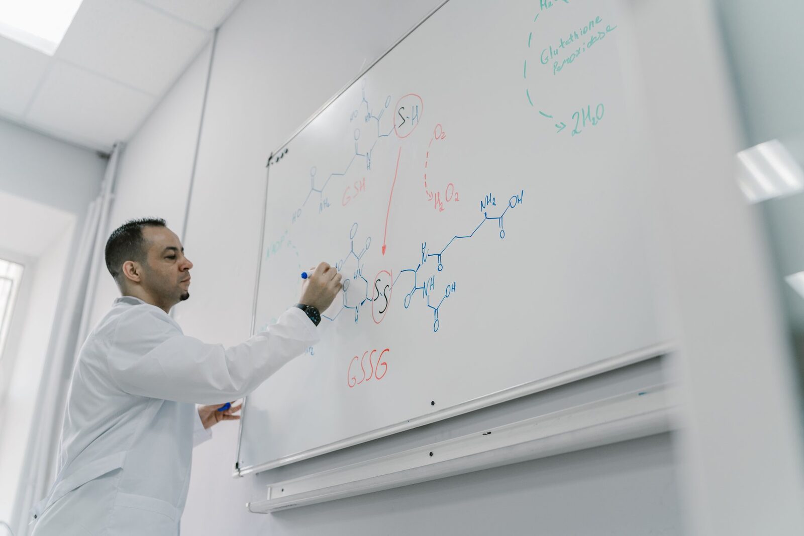 A scientist in a lab coat diagrams a molecular structure on a whiteboard during a lab discussion