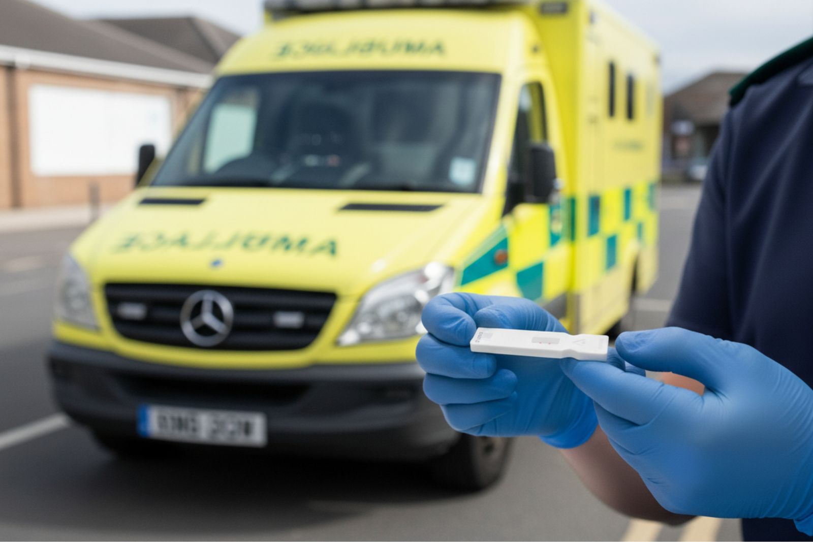 A paramedic in blue gloves holds an LVOne test cassette in front of a yellow NHS ambulance