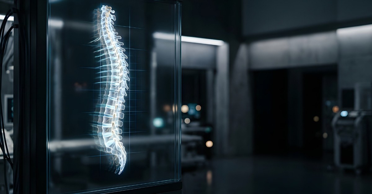 VB Spine illustration for the ScolimiR-3D announcement: a glowing translucent image of a human spine on a glass panel in a darkened clinical room