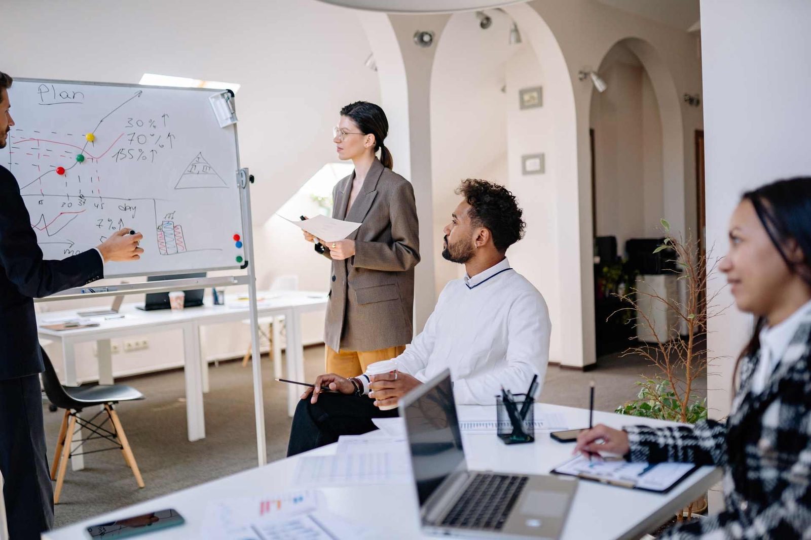 A team reviews charted figures and percentages on a whiteboard during an office planning session