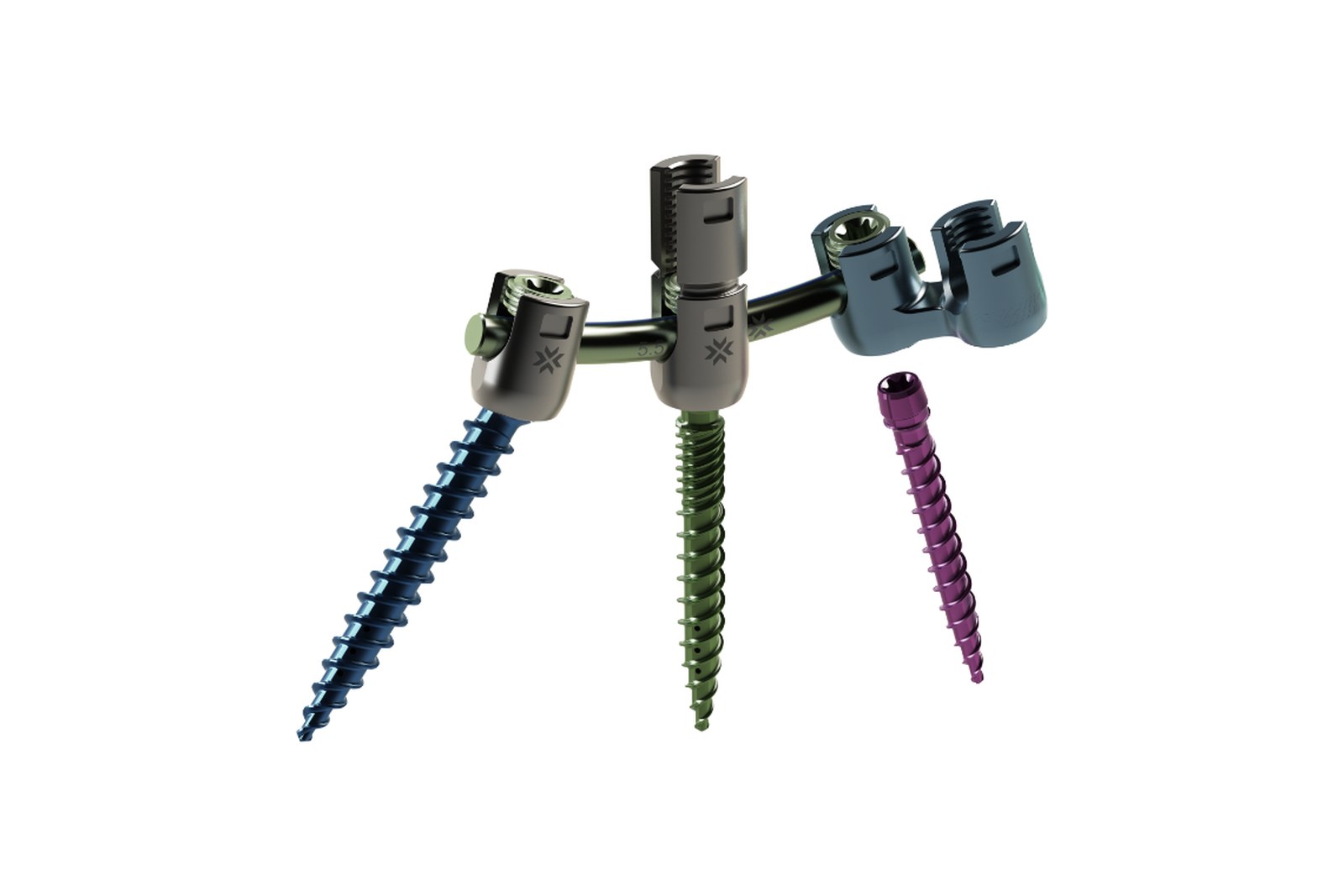 Product render of Xenix Medical's Riva posterior fixation system: three titanium pedicle screws in blue, green and purple anodised finishes joined by a connecting rod.