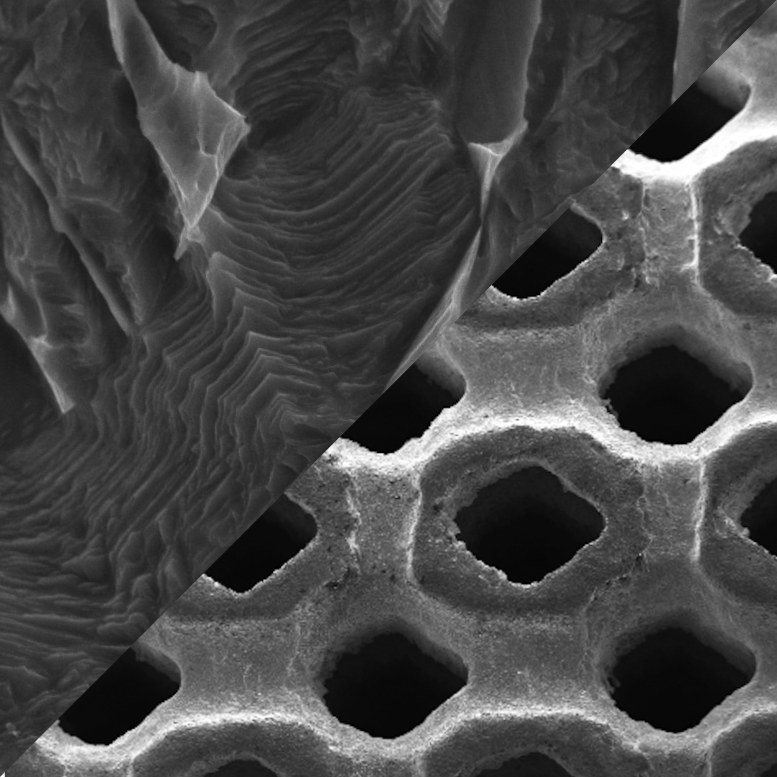 Split electron-microscope image contrasting a smooth machined titanium surface with the pitted, porous NANOACTIV surface.