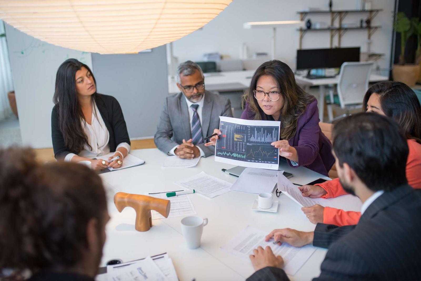 Six colleagues in business attire sit around a bright boardroom table as one holds up a printed dashboard of charts and data for the group to review, coffee mugs and papers spread across the table
