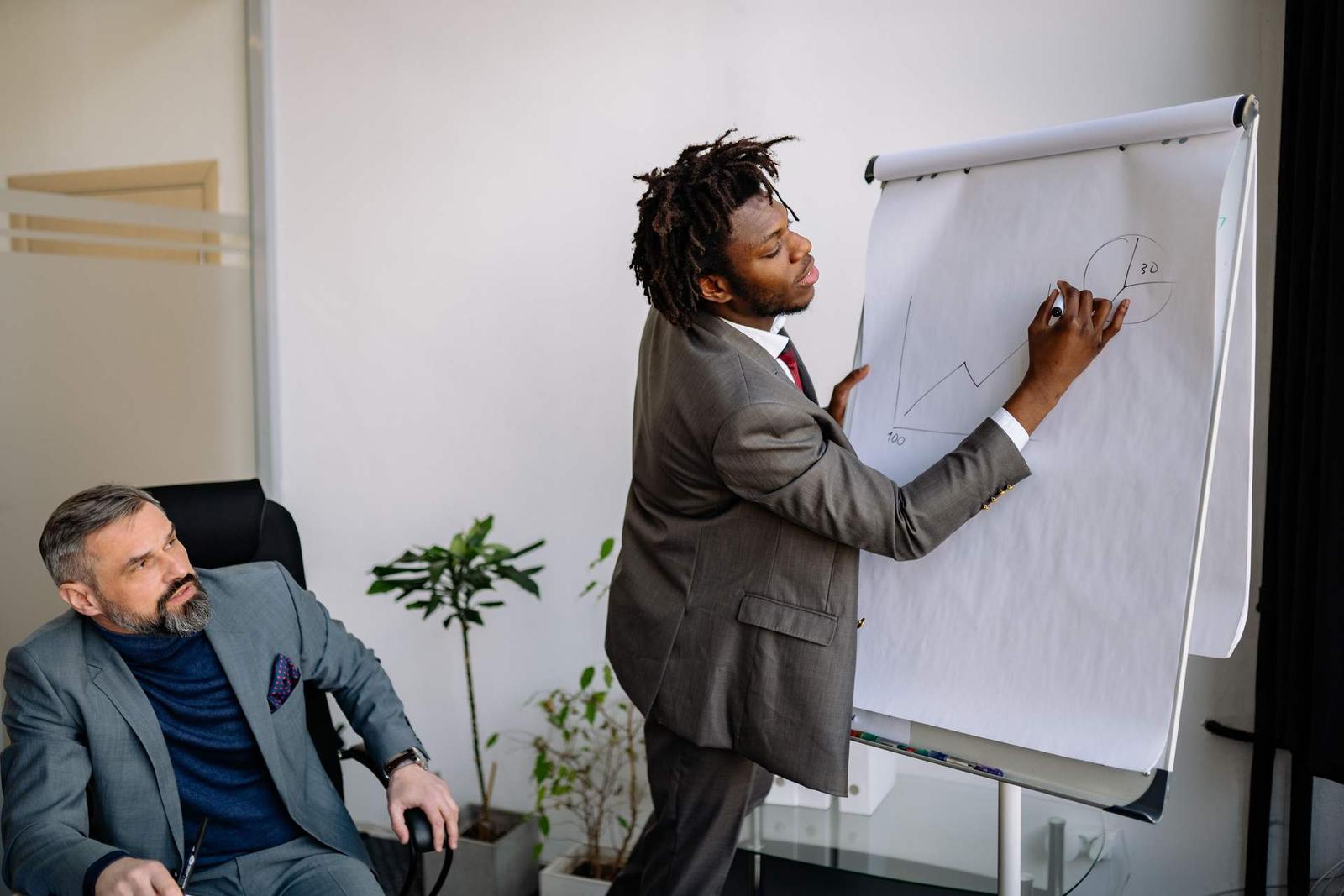 A man in a grey suit sketches a chart on a flipchart while a seated colleague in a blazer looks on, in a bright, plant-filled office