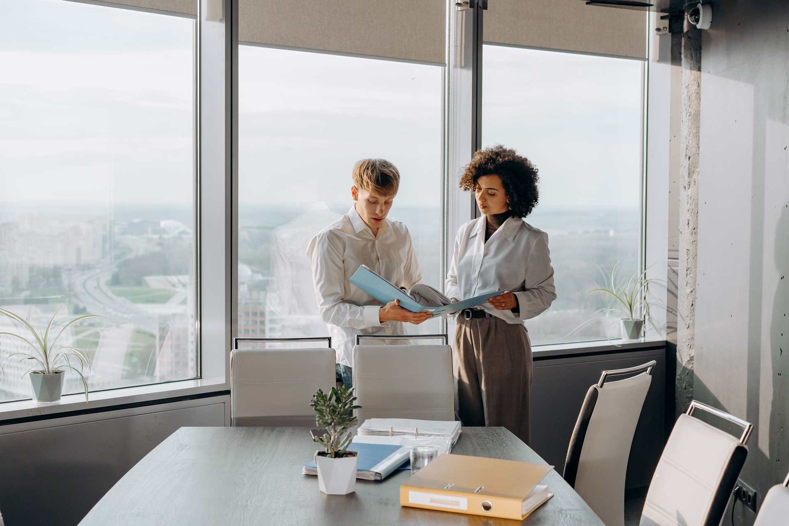 Two colleagues stand at an office window reviewing a document together, one holding a pen