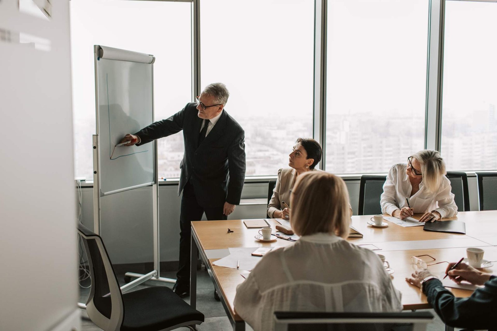 A presenter at a flipchart addressing colleagues seated at a table during a training session